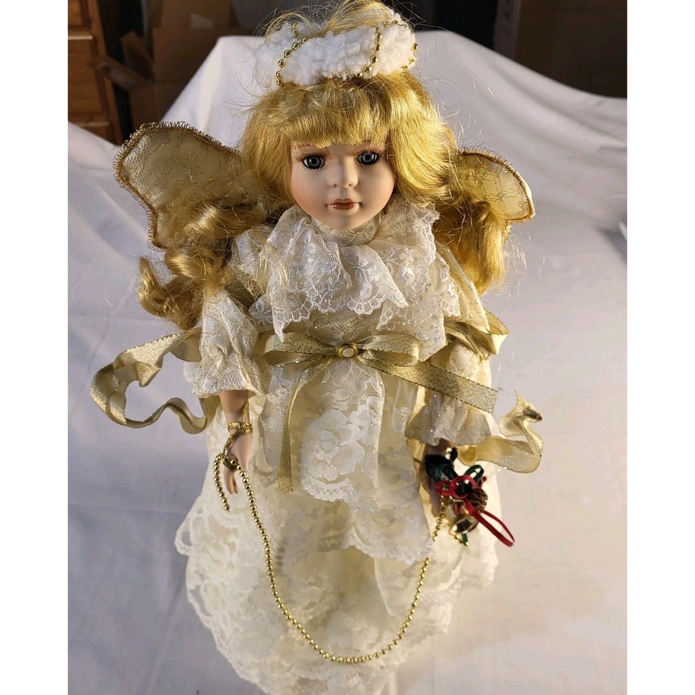 Vintage 17" Porcelain Angel Christmas Decoration White Dress Gold Accents